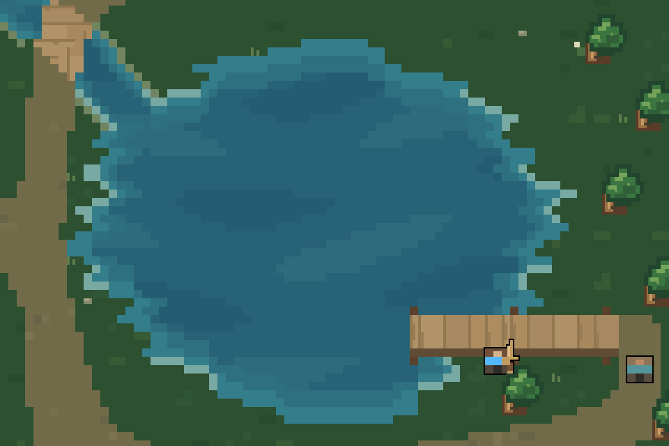 Lake Canadia’s teal water, grassy shoreline, wooden dock, and fishing tutor.
