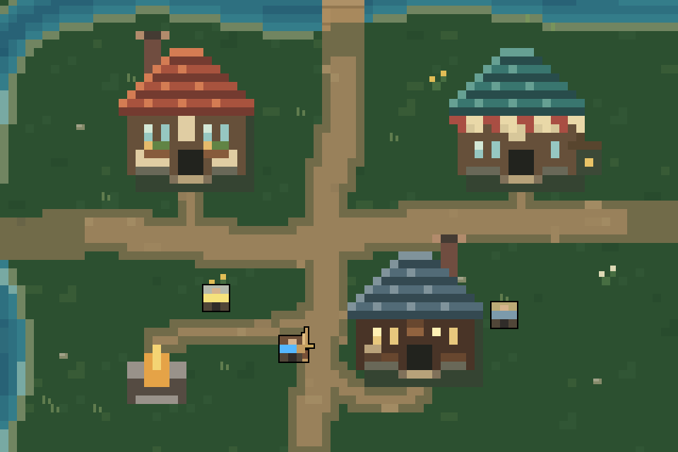 Village Beninging: little roofed houses, winding dirt paths, and a hero beside the village fire.